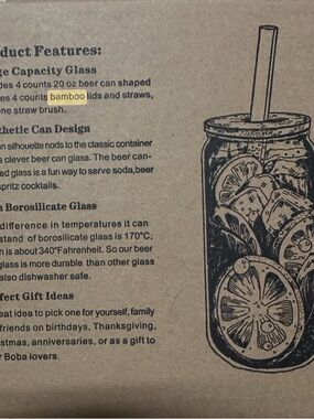 NIB Anotion Beer Can Glasses with Bamboo Lids and Straws 4 20oz Boba party